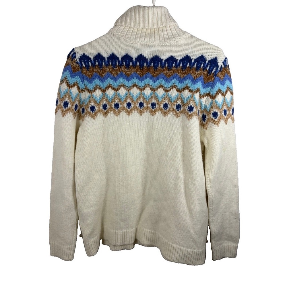 Lands End Fair Isle Turtleneck Sweater Ivory Blue Cotton Blend L 14-16 Nordic - Picture 2 of 10